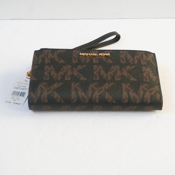 Michael Kors Jet Set Travel Graphic Logo Double Zip Wristlet MK Brown Black - Picture 5 of 8